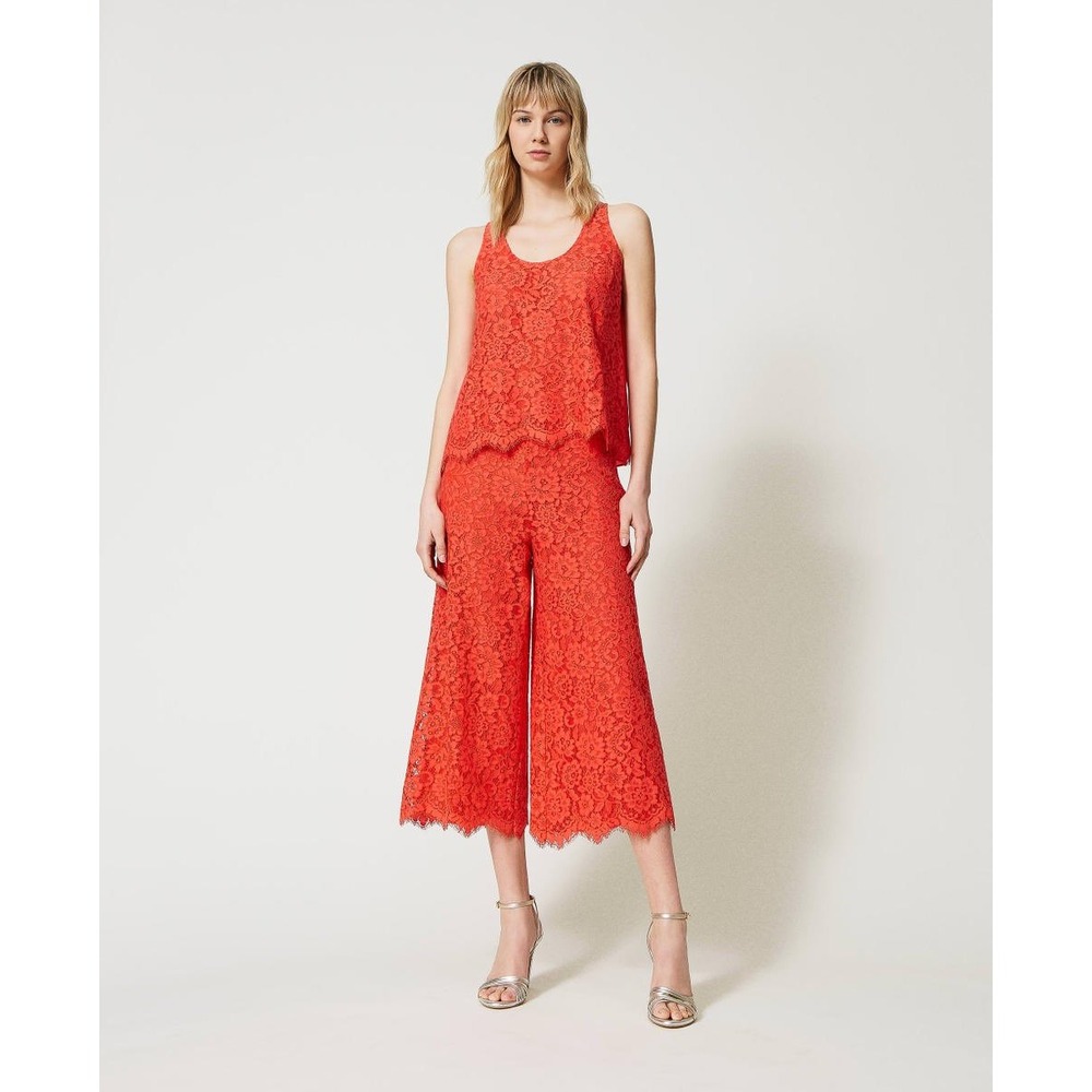 Twinset Milano Lace Matching Set Size 44‎ Coral Wide Pants Wedding Guest Resort